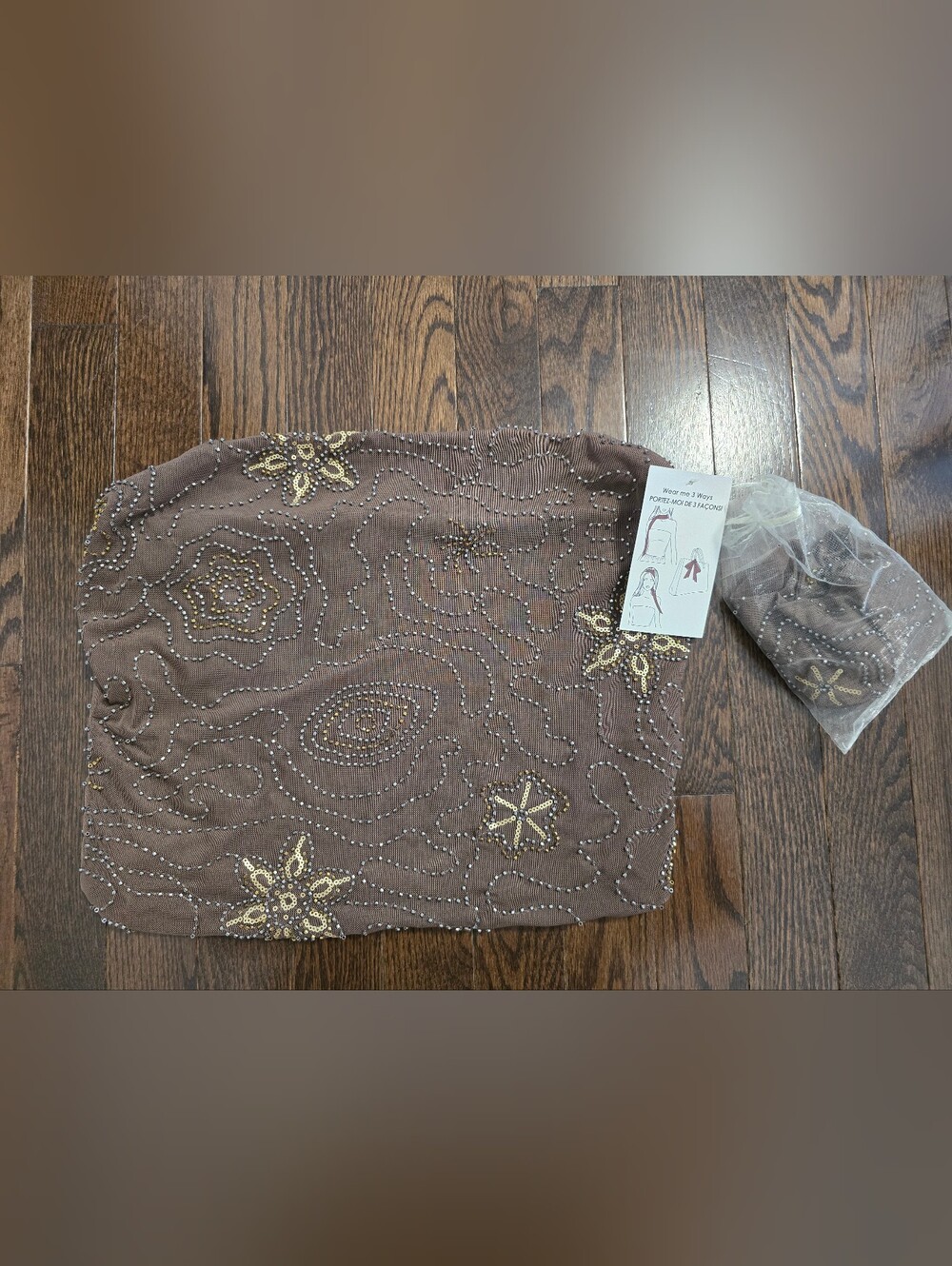 THIRTY/THIRTY LA Embellished Brown Beaded Bandeau Top Strapless Plus Scarf L